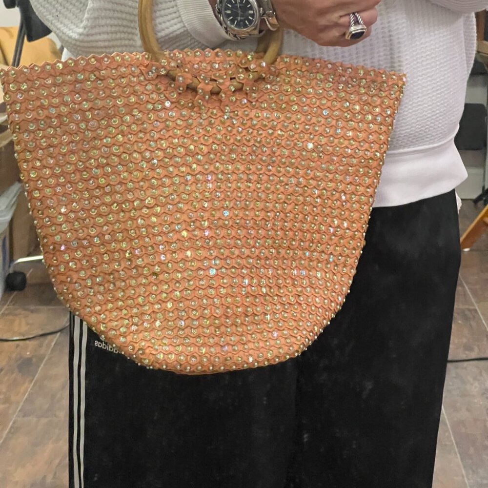 VICTORIA'S SECRET Woven Sequin Wooden Handle Orange Lined Beach Bag Shop Tote